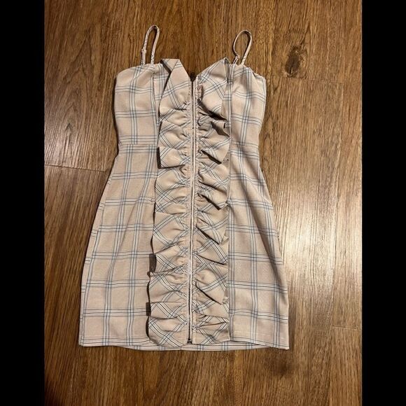 Fashion Nova Size S Pink ‘Just Hired’ Plaid Ruffle Dress Front Zipper Bodycon - Picture 3 of 8